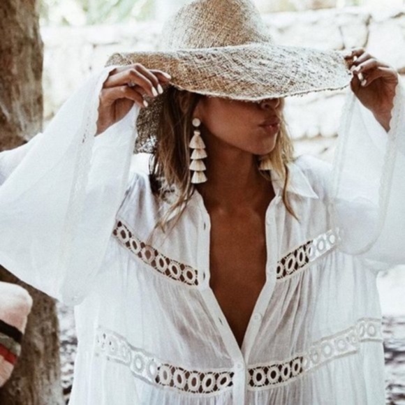 029 Bohemian White Buttonup Cut out Dress Top Cover up - Picture 2 of 5